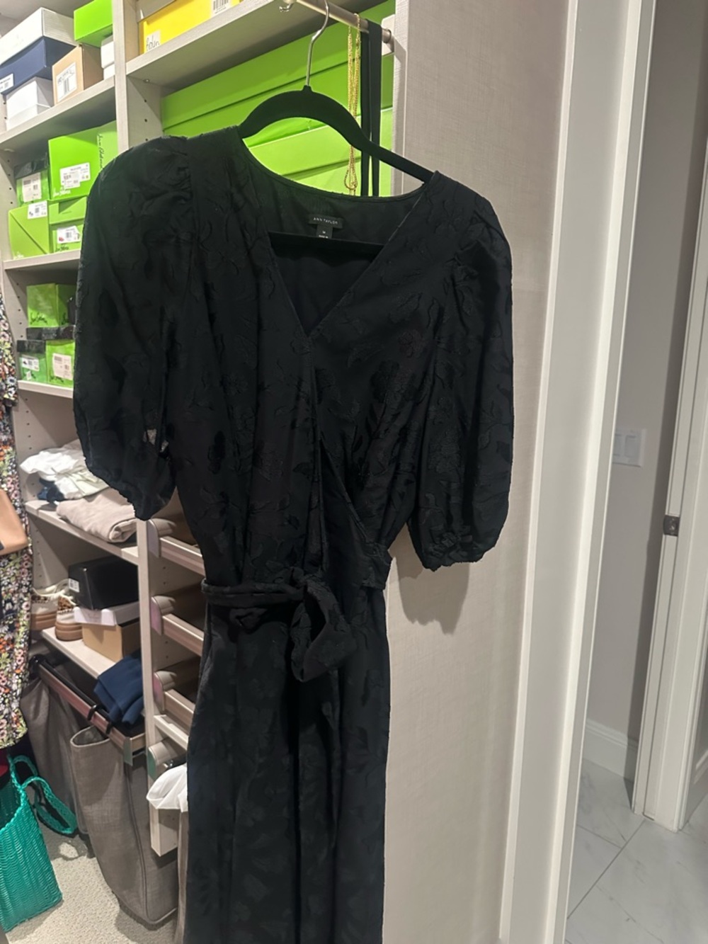 Ann Taylor Black Puff-Sleeve Wrap Midi Dress